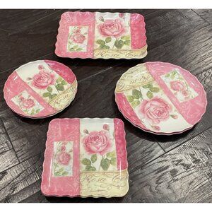 Momentum Brands Pink Rose Floral Melamine Salad Dessert Plates Tray Set Of 7 NEW